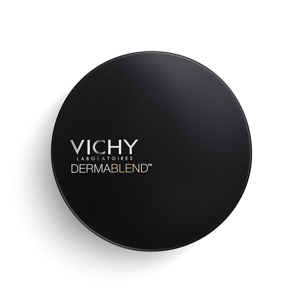 Gesloten, zwarte VICHY DERMABLEND Covermatte poedercompact. VICHY-logo op de deksel.