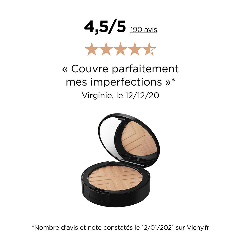 Open VICHY DERMABLEND Covermatte poedercompact. Tekst en sterren. Beoordeling 4,5/5.