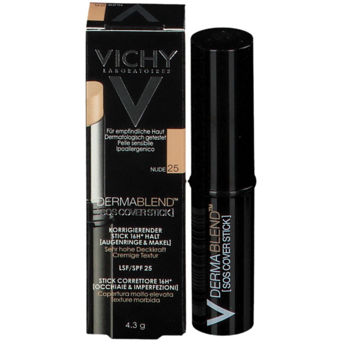 Vichy Dermablend SOS Cover Stick et emballage. Stick noir avec écriture blanche. Emballage avec image du produit et texte.