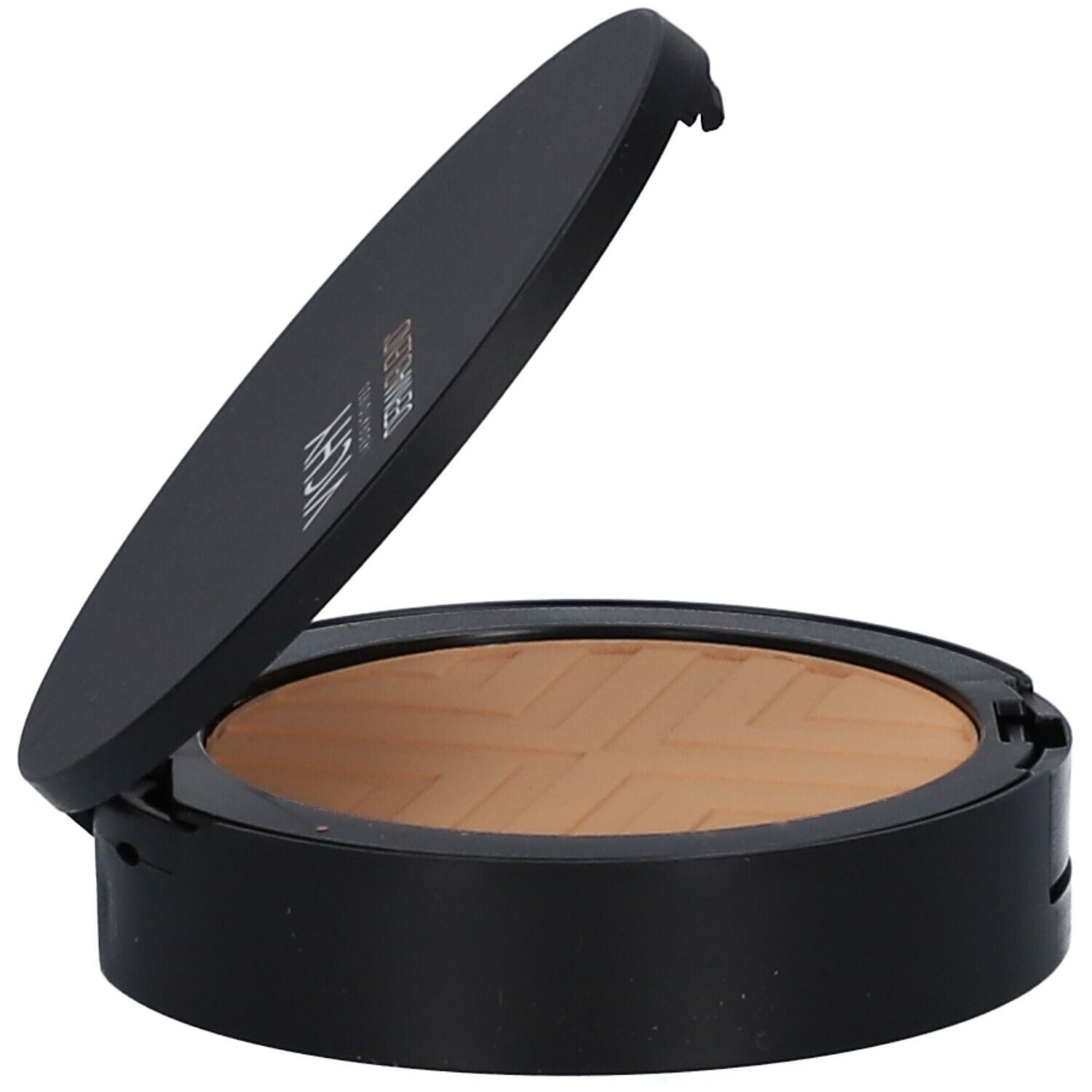 Poudre compacte, ouverte. Boîtier noir, poudre bronzée. Couvercle légèrement ouvert. Poudre avec motif.