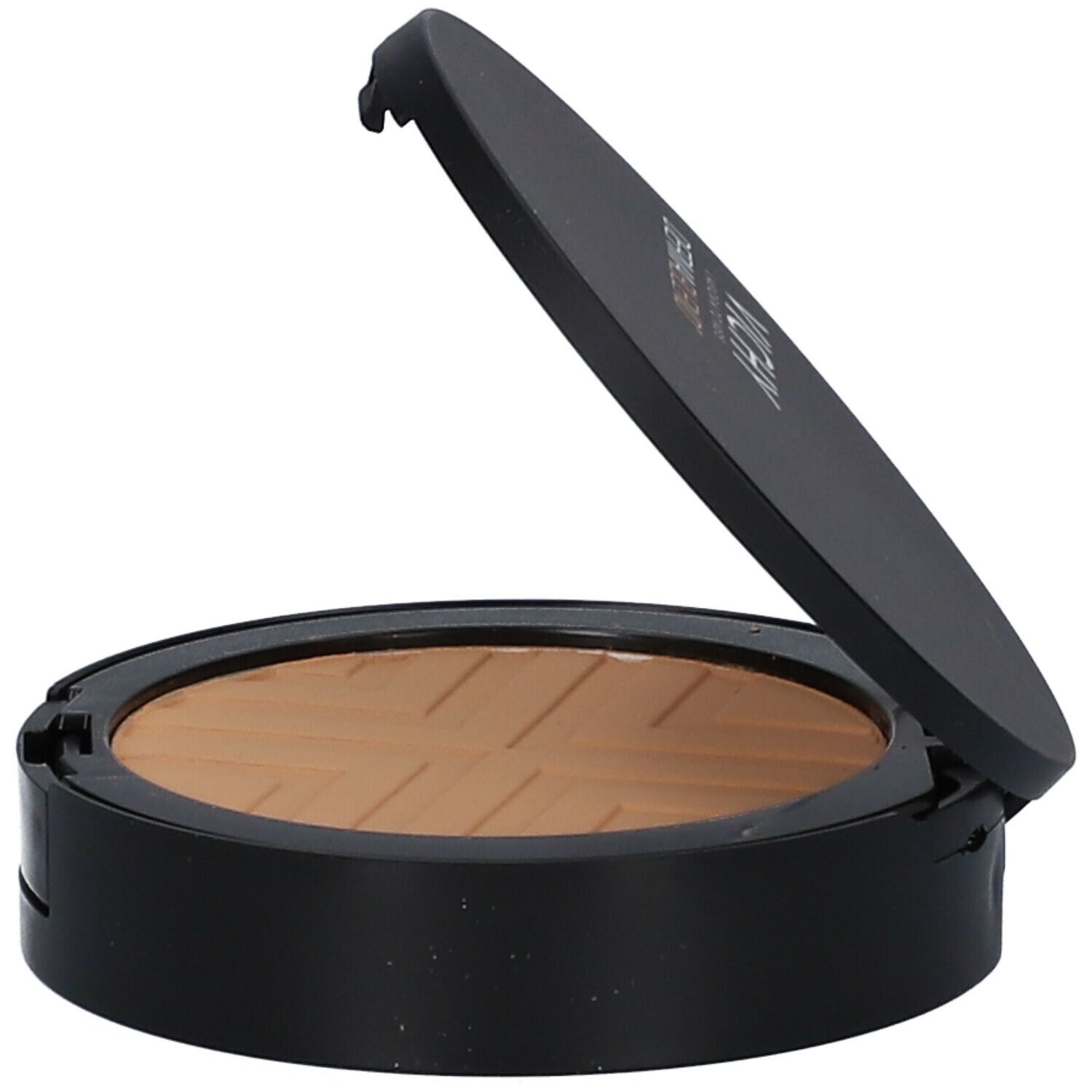 Poudre compacte, ouverte. Boîtier noir, poudre bronzée. Couvercle légèrement ouvert. Poudre avec motif.