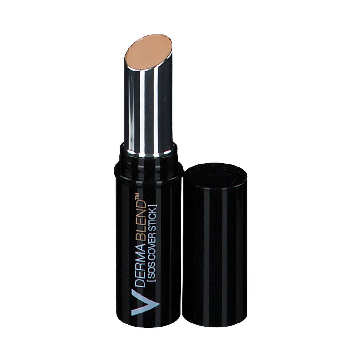 Beige concealer stick, zwarte huls, dop eraf. Merk en naam zichtbaar.