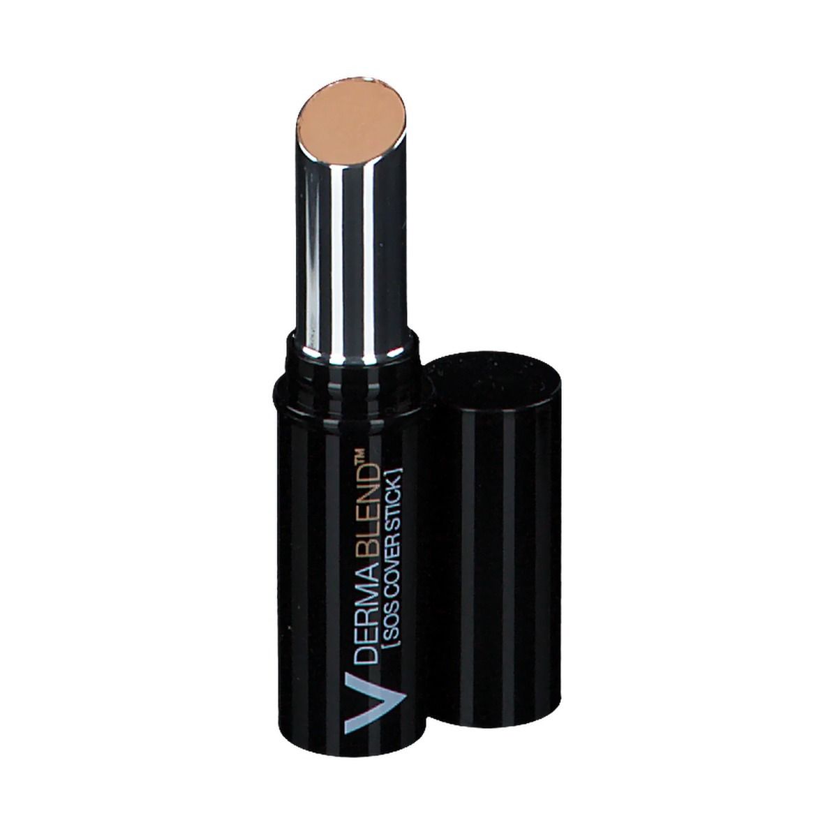 Beige concealer stick, zwarte huls, dop eraf. Merk en naam zichtbaar.