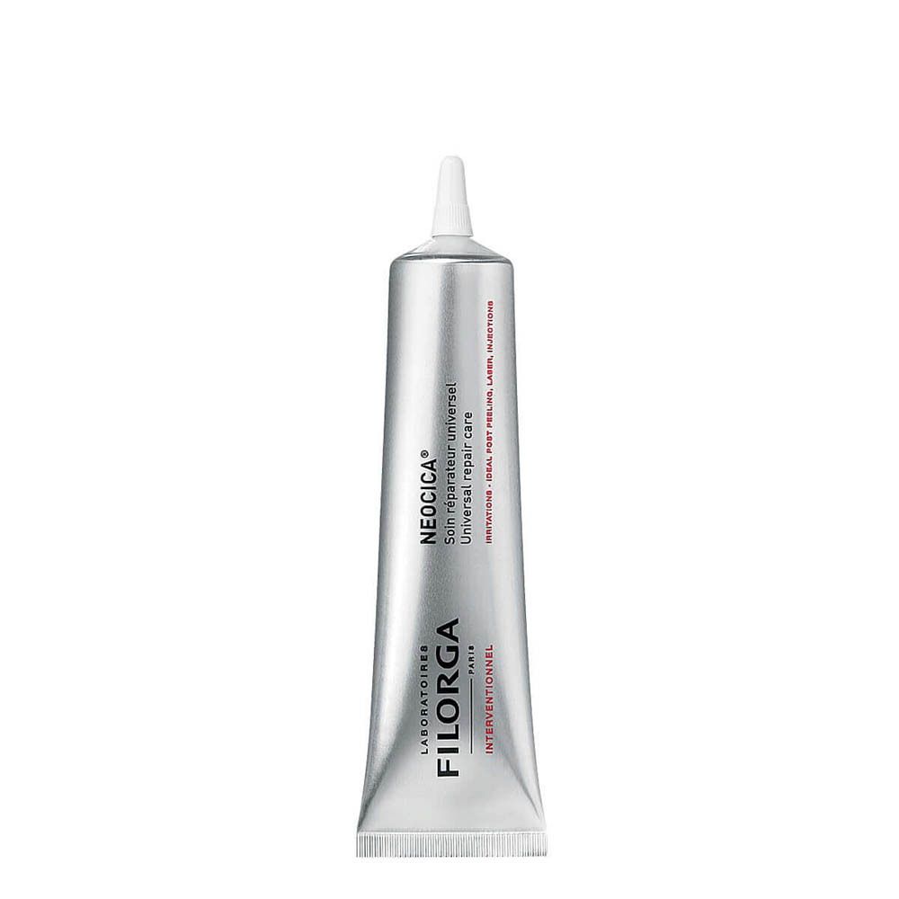 Silberne Tube FILORGA NEOCICA. Aufschrift: Universal Repair Care, Laboratoires FILORGA PARIS, INTERVENTIONNEL.