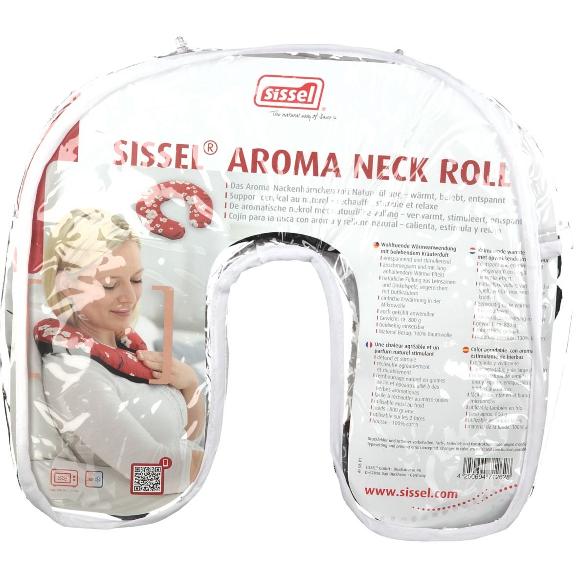 SISSEL® Aroma-Nackenkissen in Verpackung. Weißes Nackenkissen mit rotem Muster, in Folie. Aufdruck: Aroma Neck Roll.
