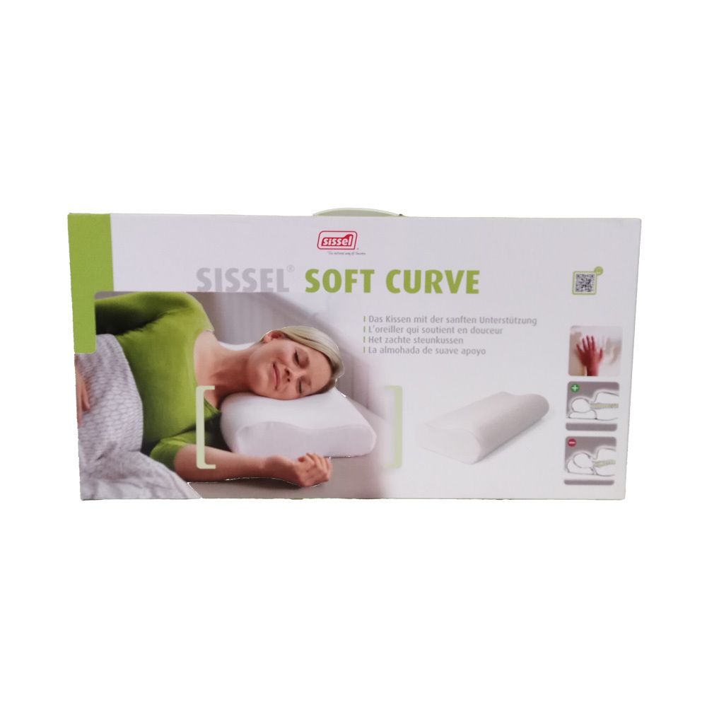 Kissen Sissel Soft Curve in Verpackung. Frau liegt auf Kissen. Produktabbildung und Text: Sissel Soft Curve.