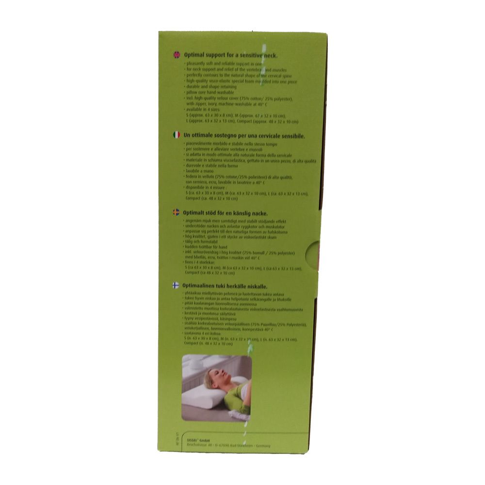 Verpackung, grüne Seite mit Text und Produktabbildung. Text in Deutsch, Englisch, Italienisch und Niederländisch.