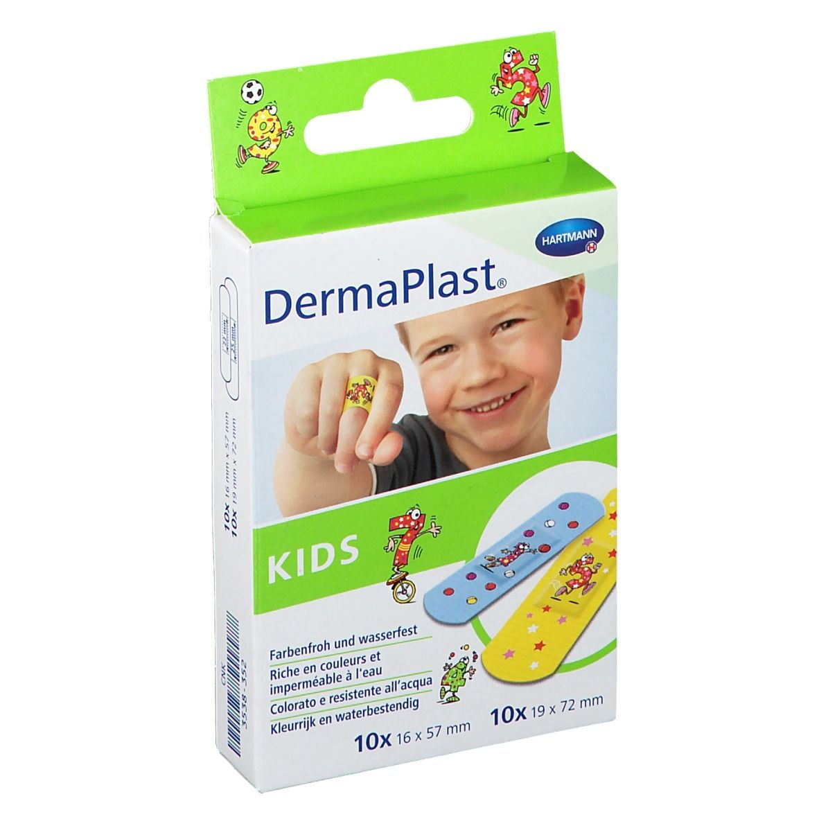 Hartmann Dermaplast Kids verpakking. Pleisters met kleurrijke designs. 10 stuks 16 x 57 mm en 10 stuks 19 x 72 mm.
