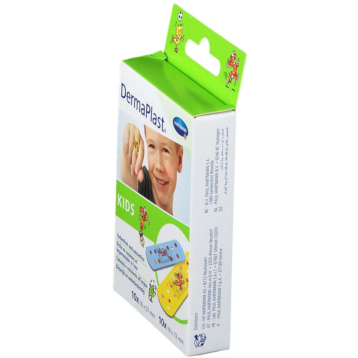 Zijkant van de Hartmann Dermaplast Kids verpakking. Pleisters met kleurrijke designs. Merk en productnaam zichtbaar.