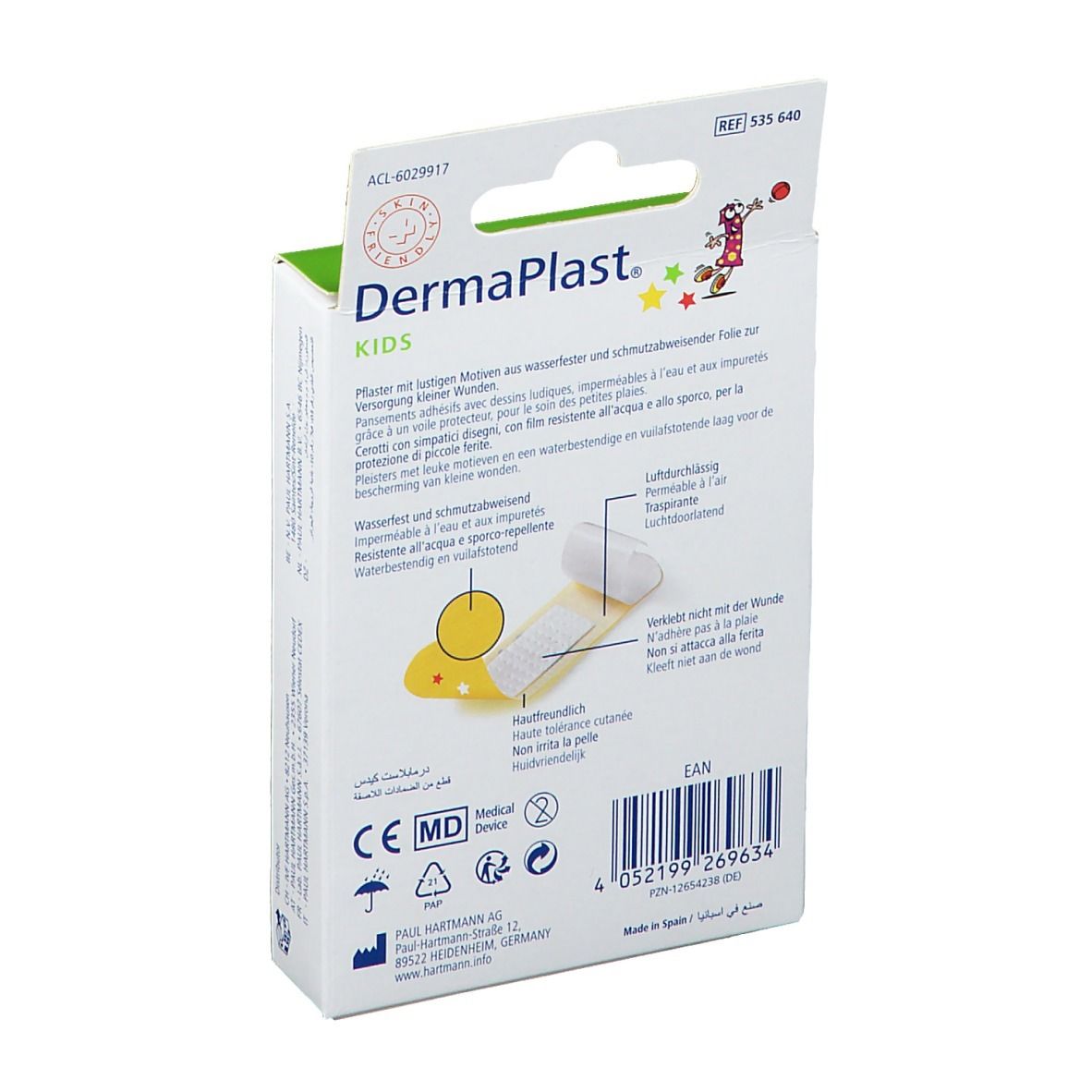 Achterkant van de Hartmann Dermaplast Kids verpakking. Informatie over waterbestendige pleisters, CE-markering en fabrikant.