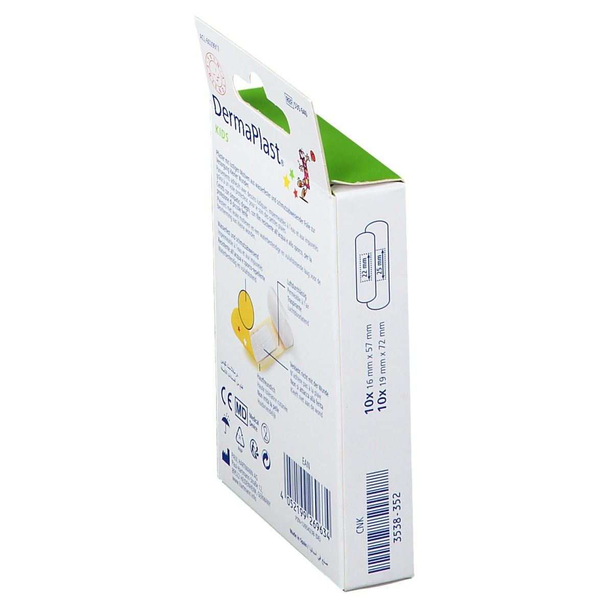 Zijkant van de Hartmann Dermaplast Kids verpakking. Informatie over waterbestendige pleisters, CE-markering en fabrikant.