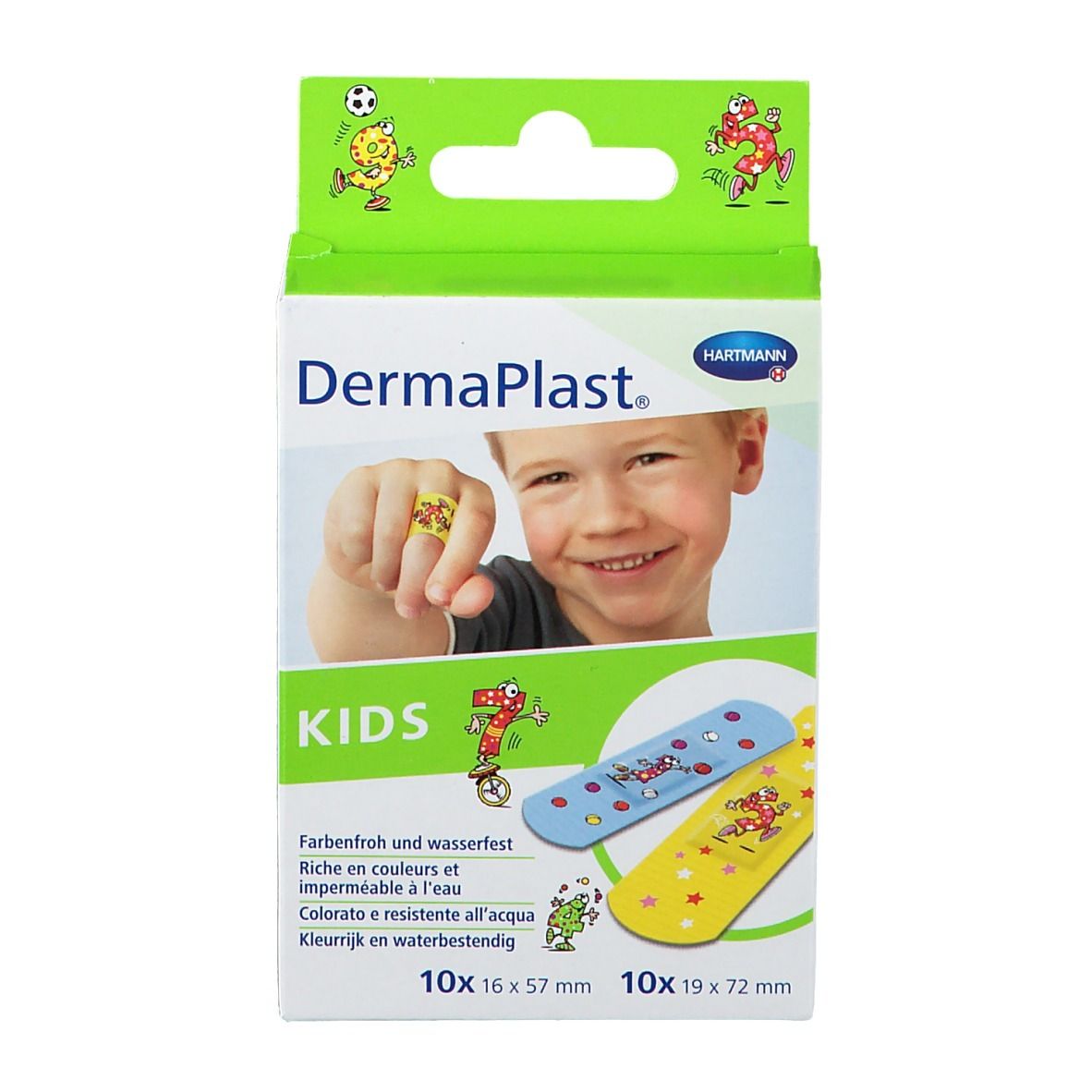 Hartmann Dermaplast Kids verpakking. Pleisters met kleurrijke designs. 10 stuks 16 x 57 mm en 10 stuks 19 x 72 mm.