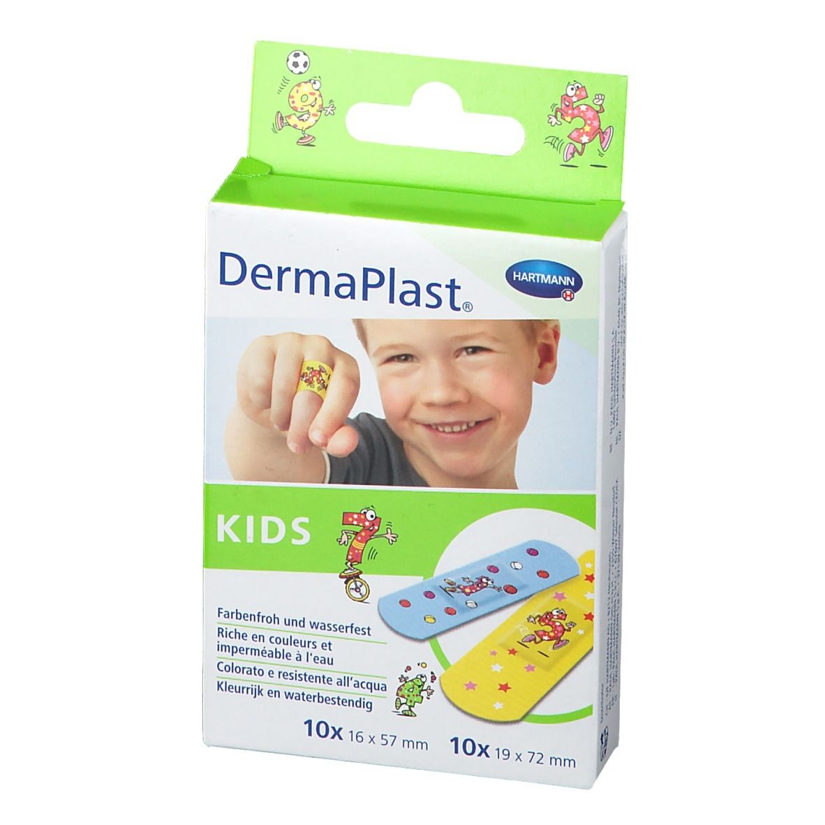 Hartmann Dermaplast Kids verpakking. Pleisters met kleurrijke designs. 10 stuks 16 x 57 mm en 10 stuks 19 x 72 mm.