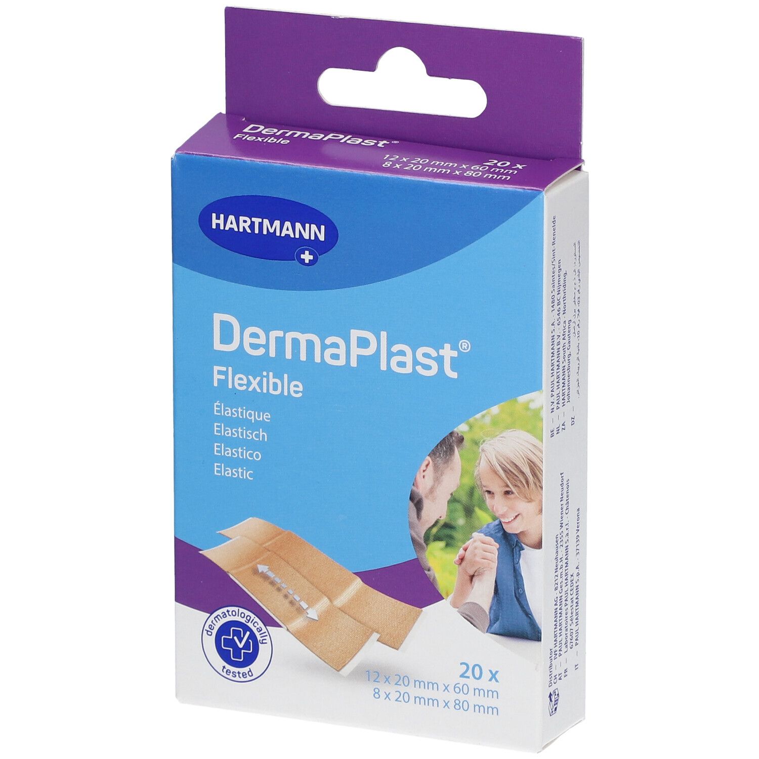 Verpackung mit DermaPlast® Flexible Pflasterstips. 20 Stück, Größenangaben. Marke Hartmann.