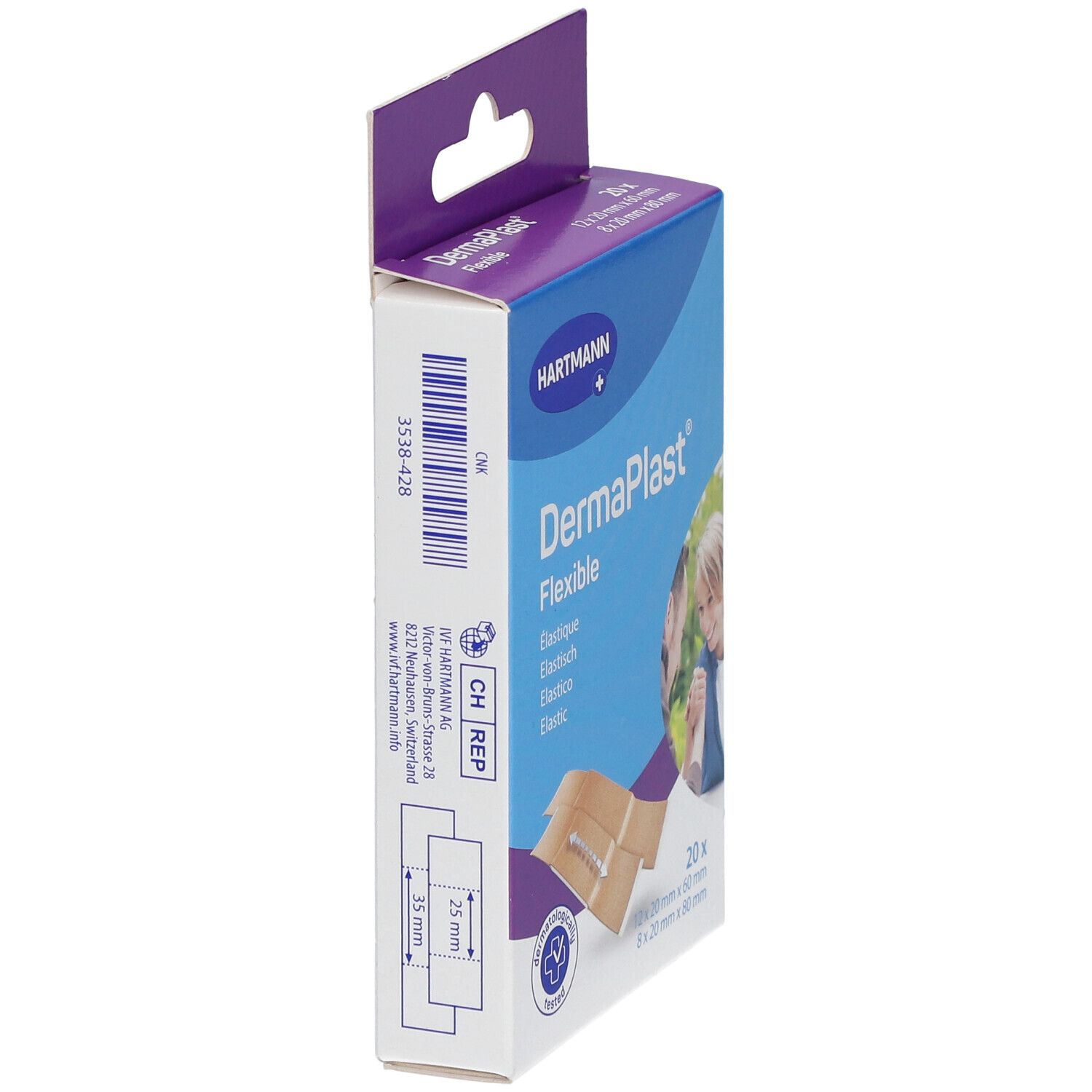 Seitenansicht der Verpackung mit DermaPlast® Flexible Pflasterstips. Barcode, Größenangaben, Marke Hartmann.