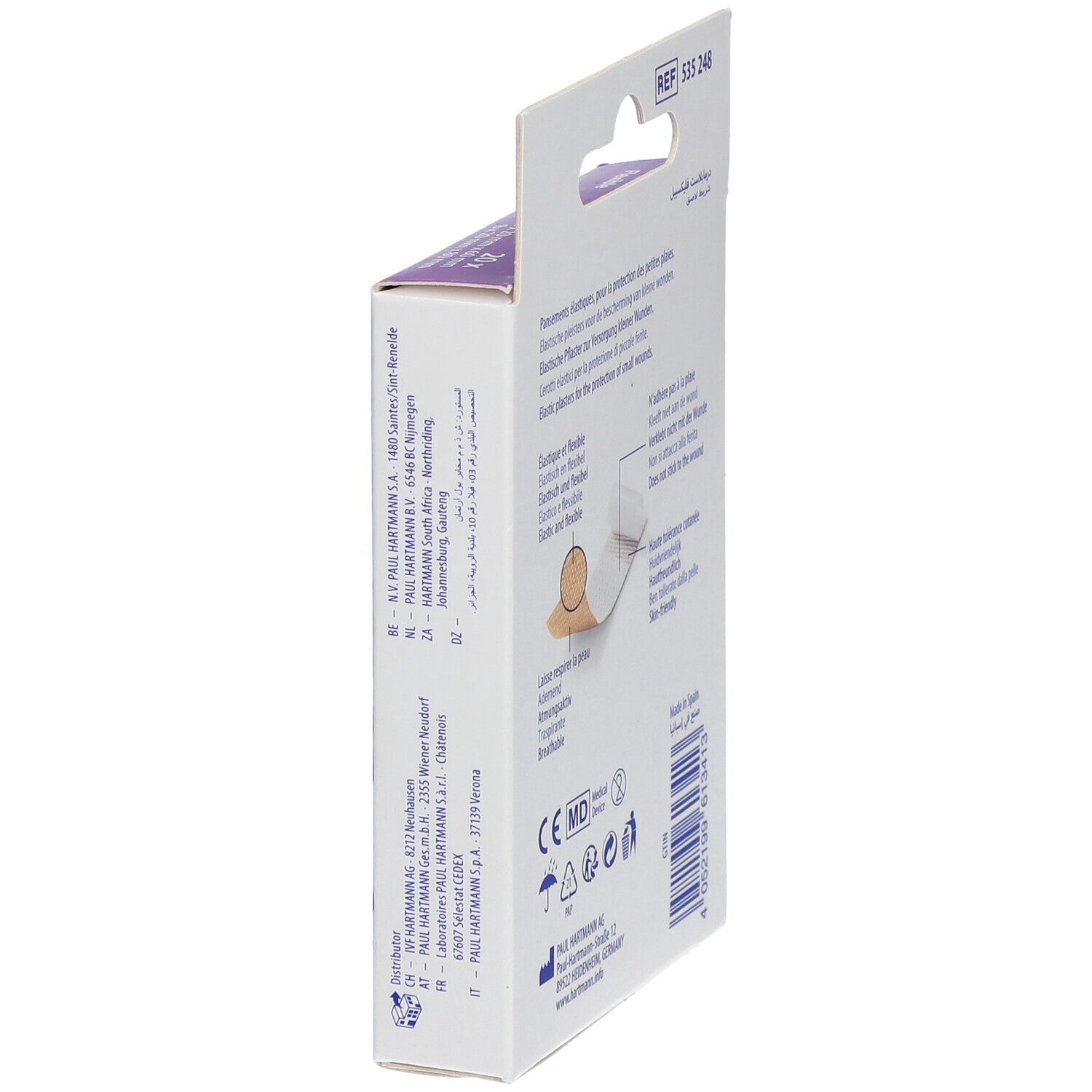Seitenansicht der Verpackung mit DermaPlast® Flexible Pflasterstips. Produktinformationen, CE-Kennzeichnung.
