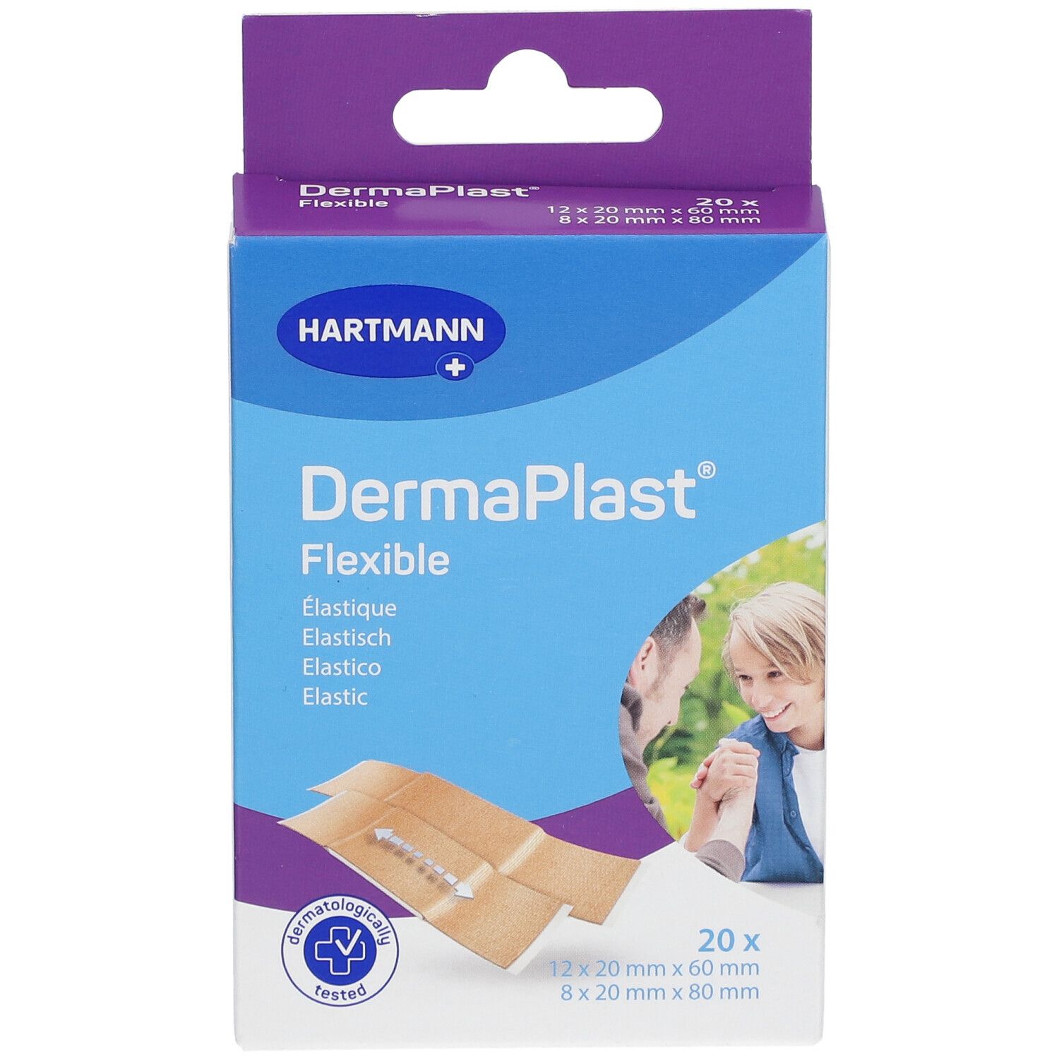 Verpackung mit DermaPlast® Flexible Pflasterstips. 20 Stück, Größenangaben. Marke Hartmann.