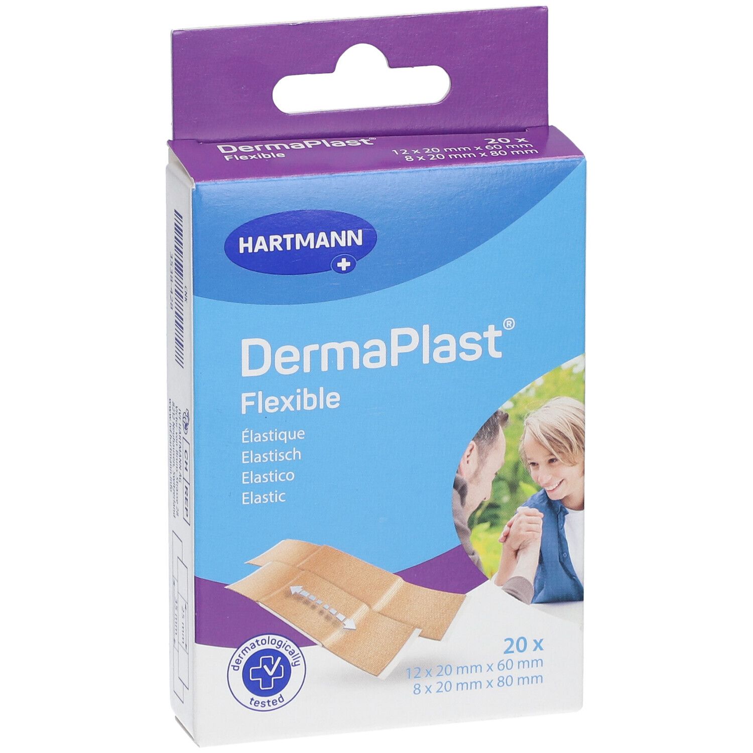 Verpackung mit DermaPlast® Flexible Pflasterstips. 20 Stück, Größenangaben. Marke Hartmann.