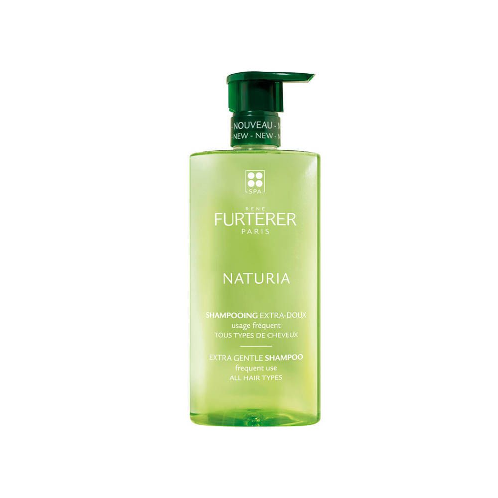 Grüne Shampoo-Flasche mit Pumpe. Aufschrift: NATURIA, FURTERER PARIS. Für alle Haartypen.
