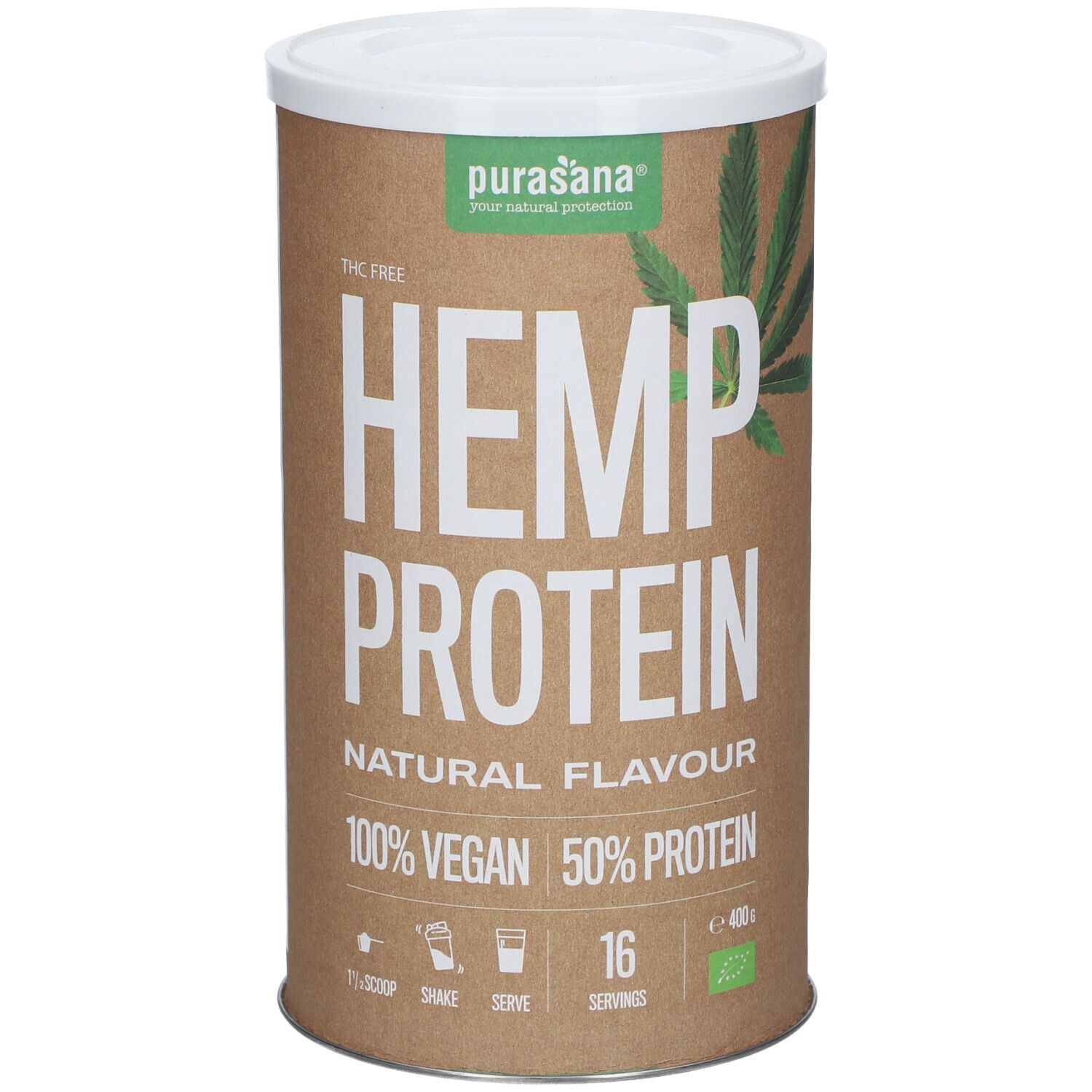Cilindervormige bus met witte deksel. Opschrift: Hemp Protein, Natural Flavour, 100% Vegan, 50% Protein. Groen-wit merk.