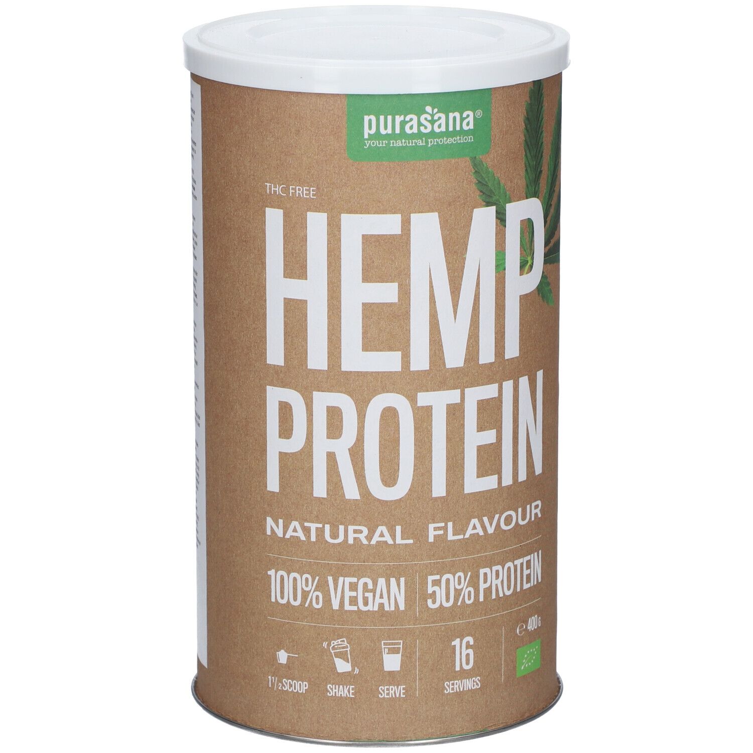 Cilindervormige bus met witte deksel. Opschrift: Hemp Protein, Natural Flavour, 100% Vegan, 50% Protein. Groen-wit merk.