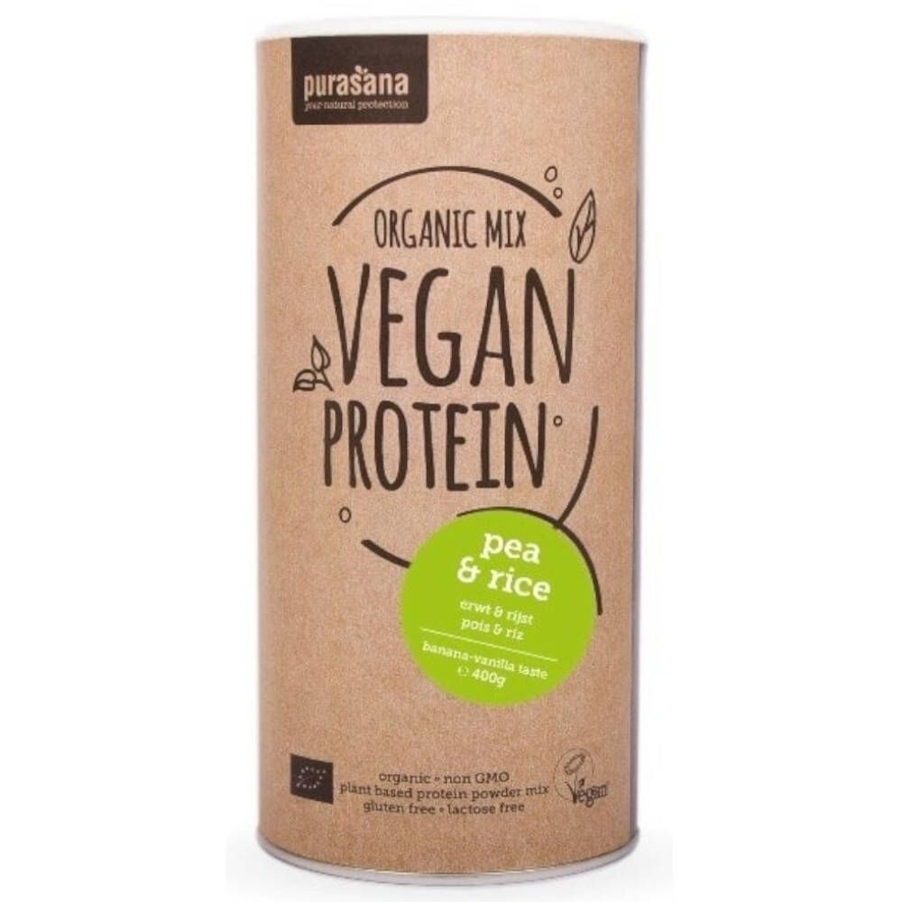 Cilindervormige doos met 'VEGAN PROTEIN'. Opschrift 'pea & rice' en 'Banane Vanille Bio'.