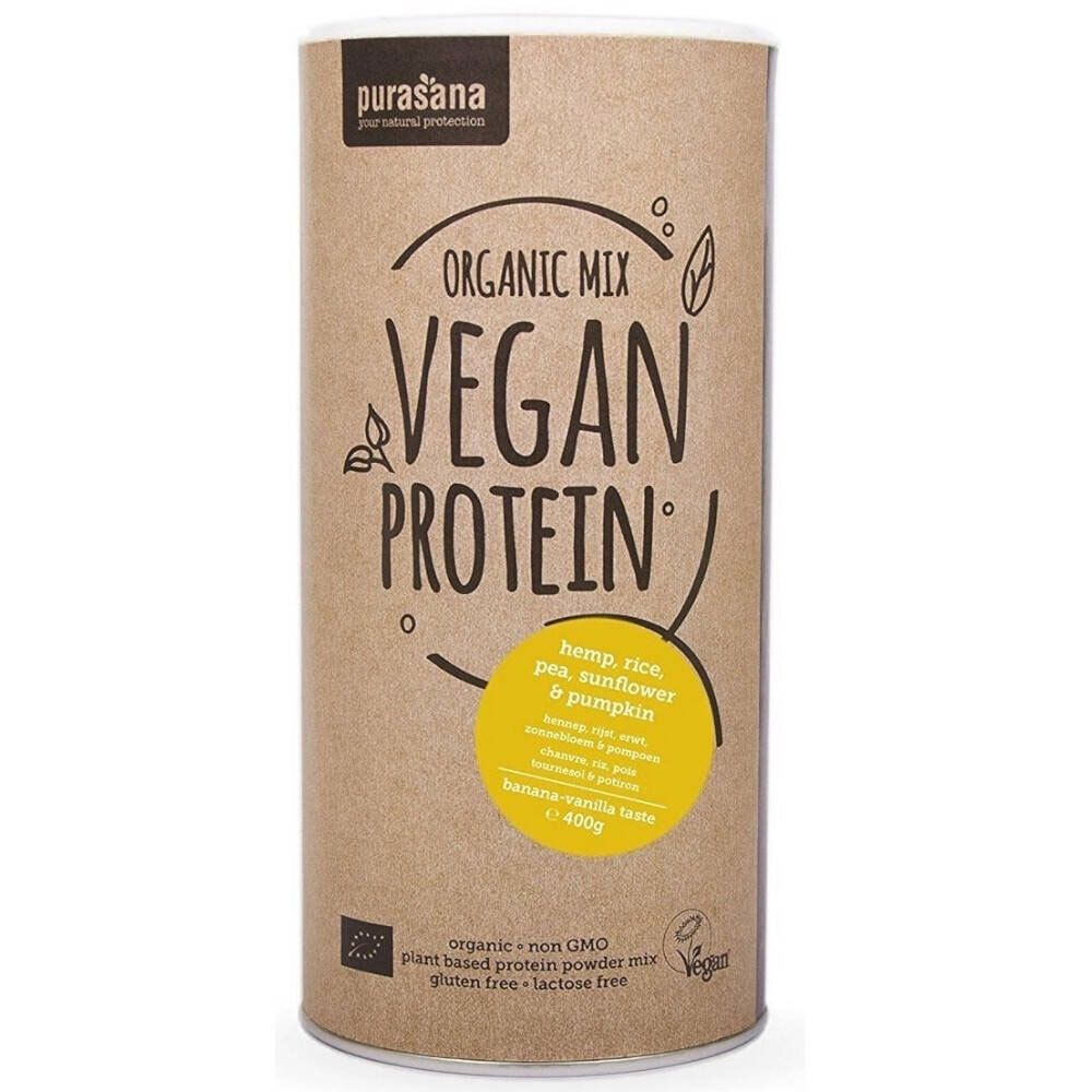 Cilindervormige pot Purasana Vegan Protein, banaan vanille. Opschrift: Organic Mix, Vegan Protein. Ingrediënten: hennep, rijst, erwten, zonnebloem, pompoen.