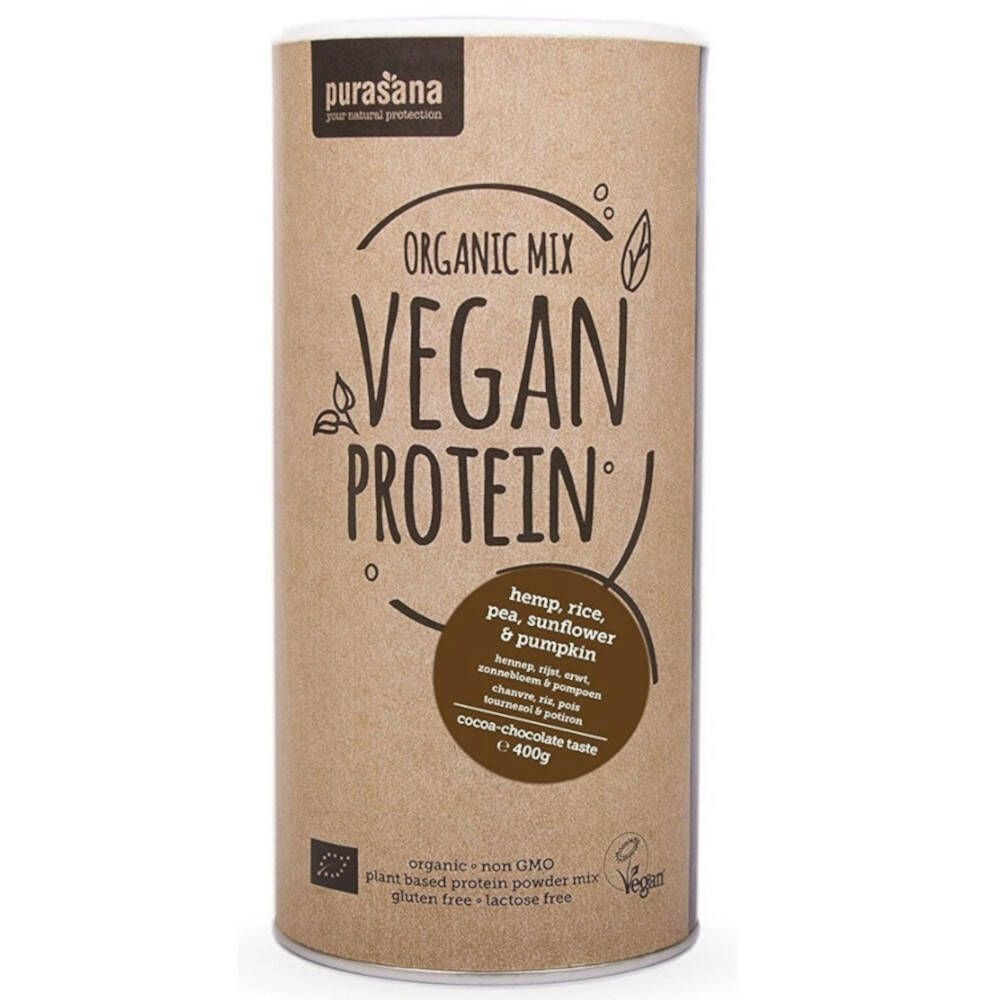 Purasana Vegan Protein Mix, chocolade. Bruine bus met witte deksel. Opschrift: Vegan Protein, 400g.