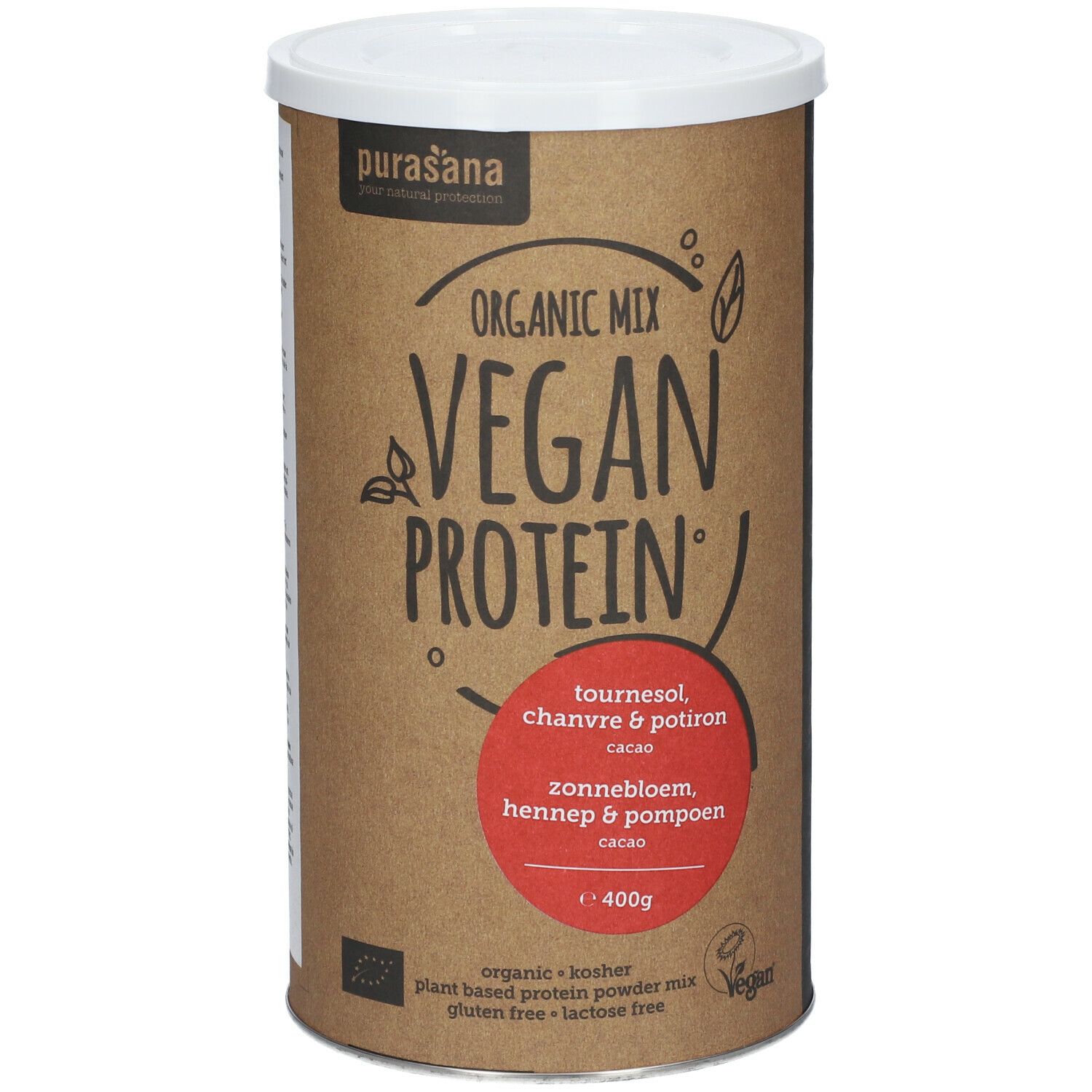 Boîte cylindrique avec couvercle. Inscription: Organic Mix Vegan Protein. Cercle rouge avec texte. 400g. Logo Vegan.