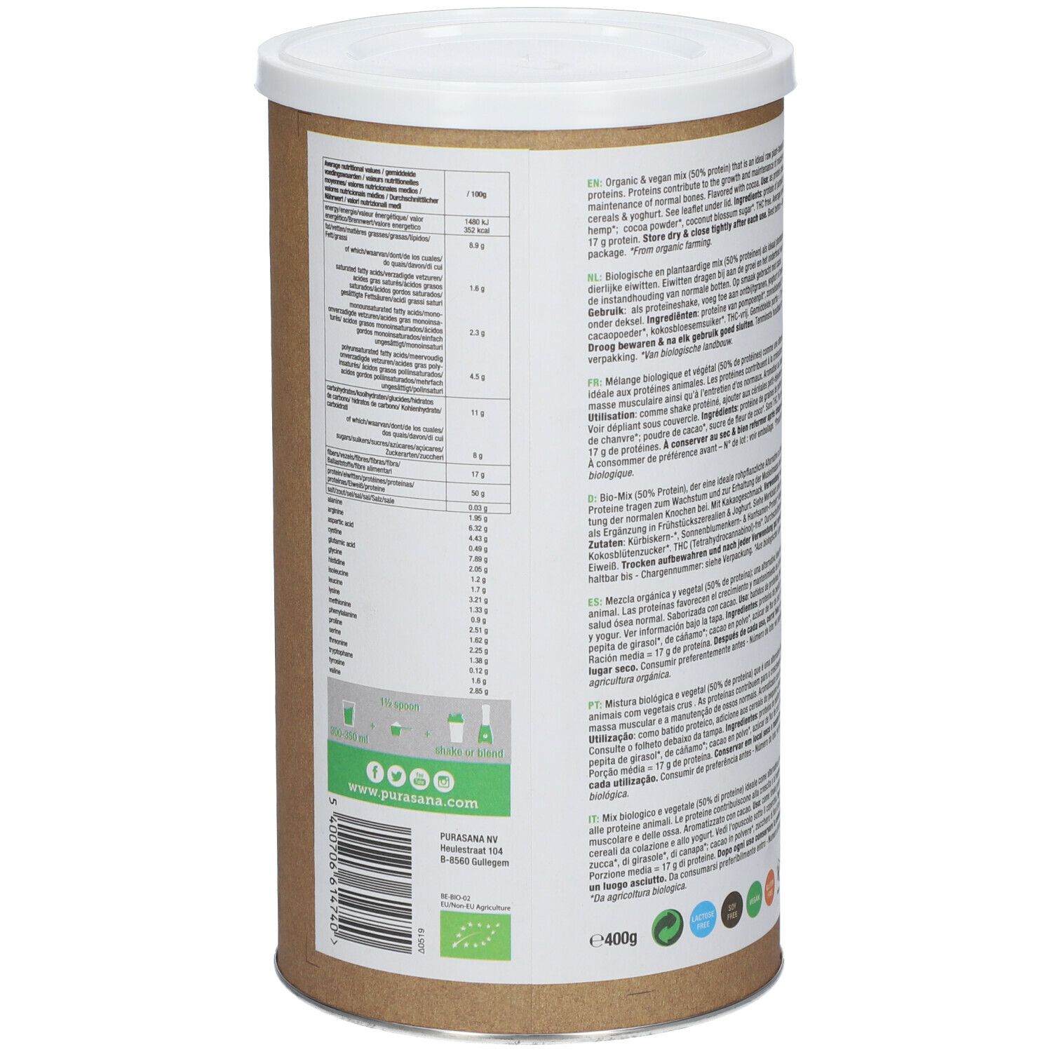 Boîte cylindrique, dos avec texte et informations nutritionnelles. Logo Vegan. Divers logos et certifications.