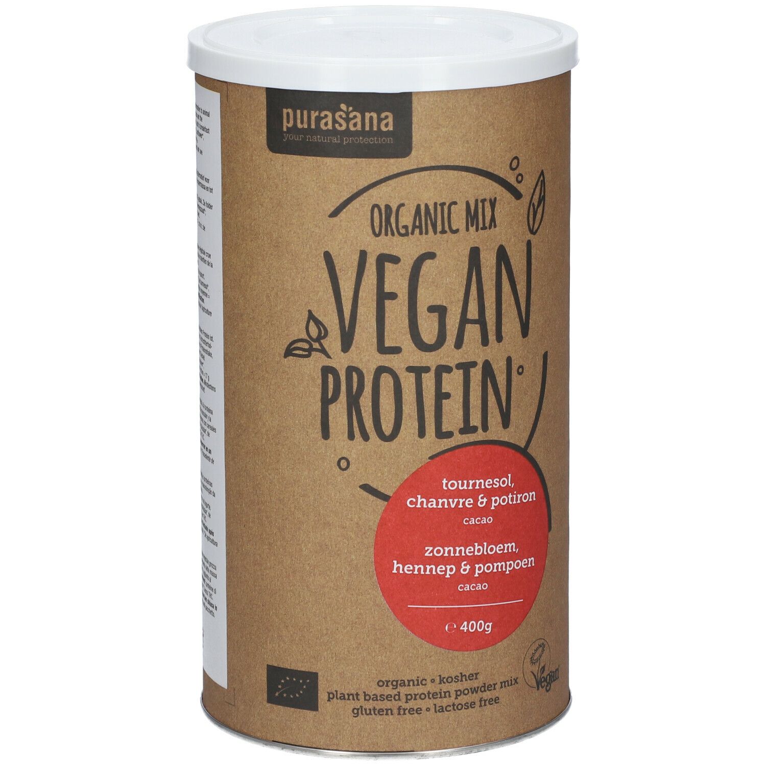 Boîte cylindrique avec couvercle. Inscription: Organic Mix Vegan Protein. Cercle rouge avec texte. 400g. Logo Vegan.