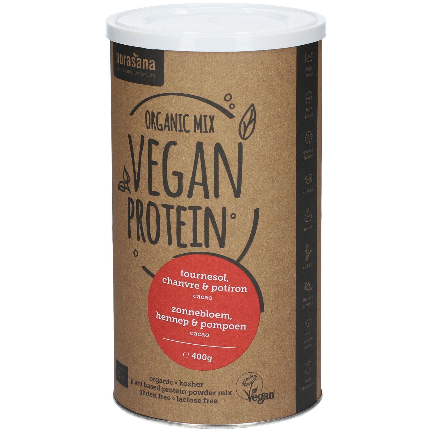 Boîte cylindrique avec couvercle. Inscription: Organic Mix Vegan Protein. Cercle rouge avec texte. 400g. Logo Vegan.