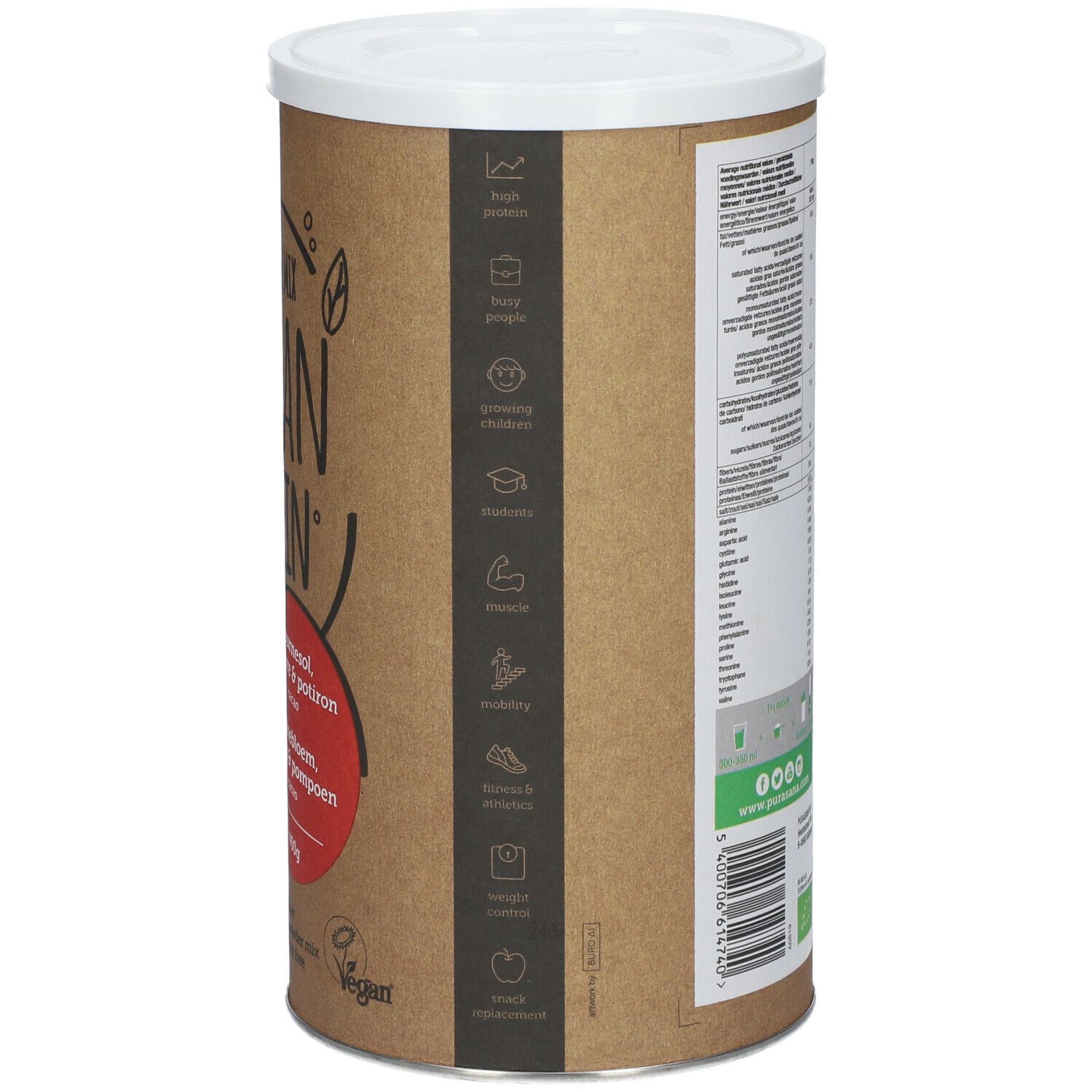 Boîte cylindrique, côté avec texte et icônes. Logo Vegan. Icônes pour différents groupes. Adresse du site web.