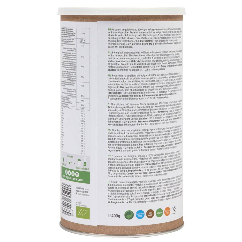 Boîte Purasana Vegan Protein, dos. Contient informations nutritionnelles et ingrédients en plusieurs langues. Avec label bio.