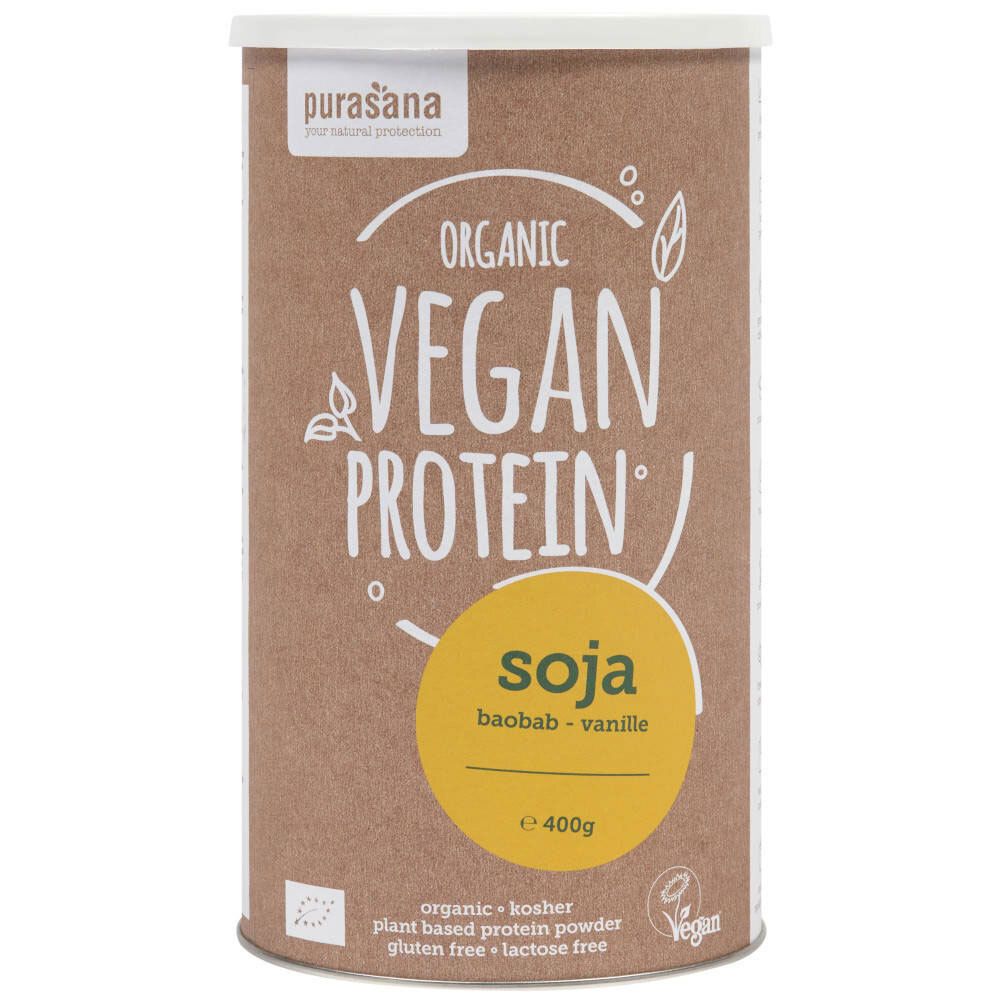 Boîte marron avec couvercle blanc. Inscription : ORGANIC VEGAN PROTEIN, Soja, Baobab-Vanille. Label vegan, 400g.