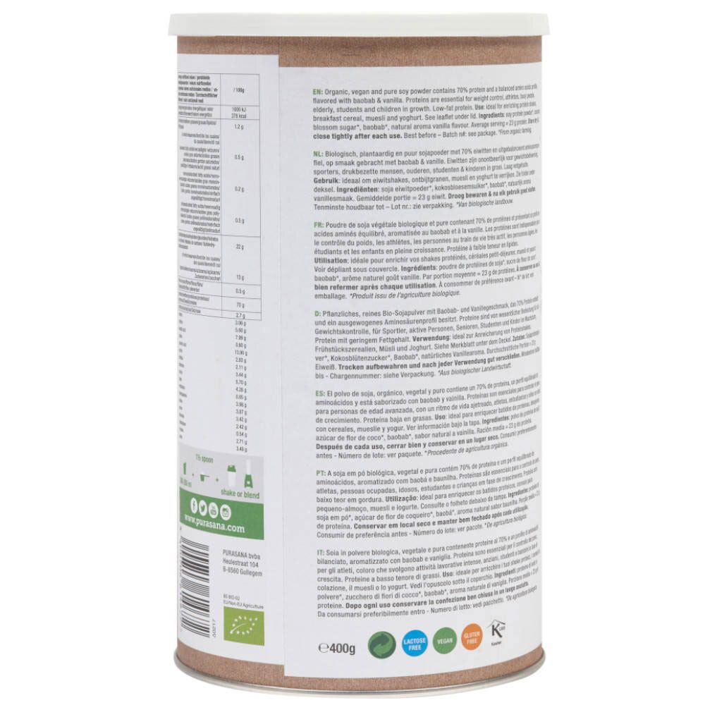 Dos de la boîte avec texte et informations nutritionnelles. Label vegan, label bio, label casher. 400g.