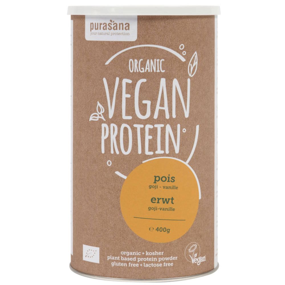 Boîte cylindrique avec 'Organic Vegan Protein'. Protéine de pois saveur goji-vanille. 400g. Label Vegan.