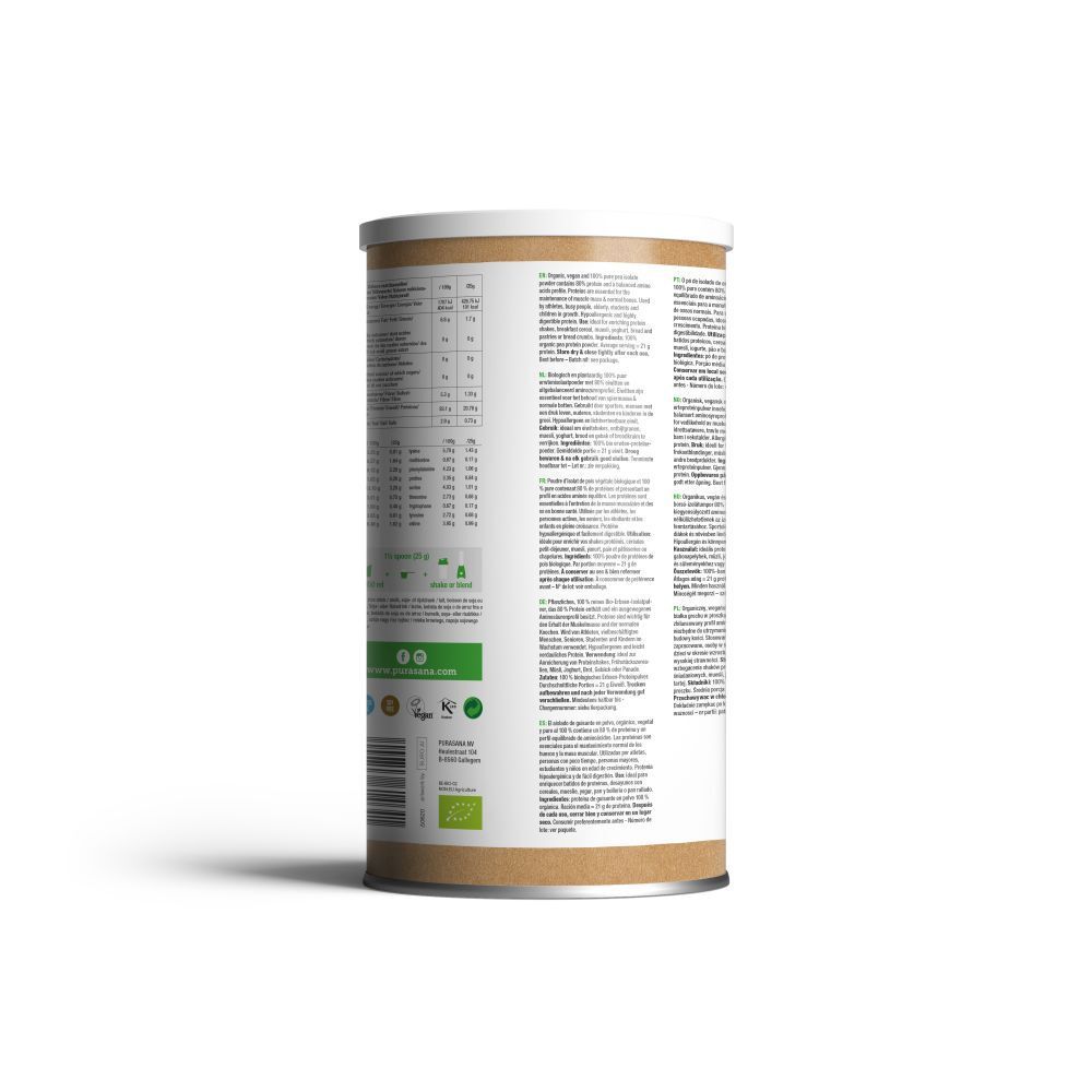 Cilindervormige pot, achterkant met tekst en voedingswaarde-informatie. Bio-label en barcode.