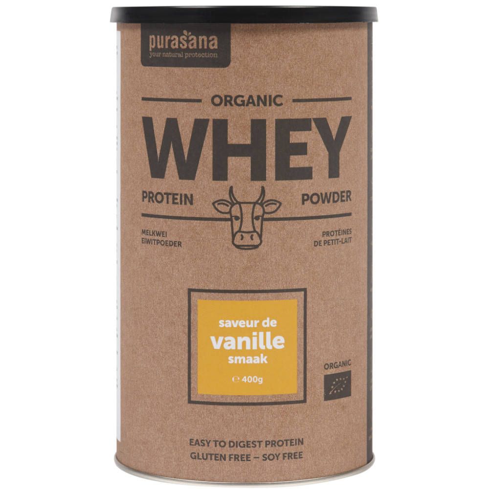 Boîte marron Purasana® Wheyprotein Vanille Bio. Inscription: Organic Whey Protein Powder. Carré jaune: Saveur vanille, 400g.
