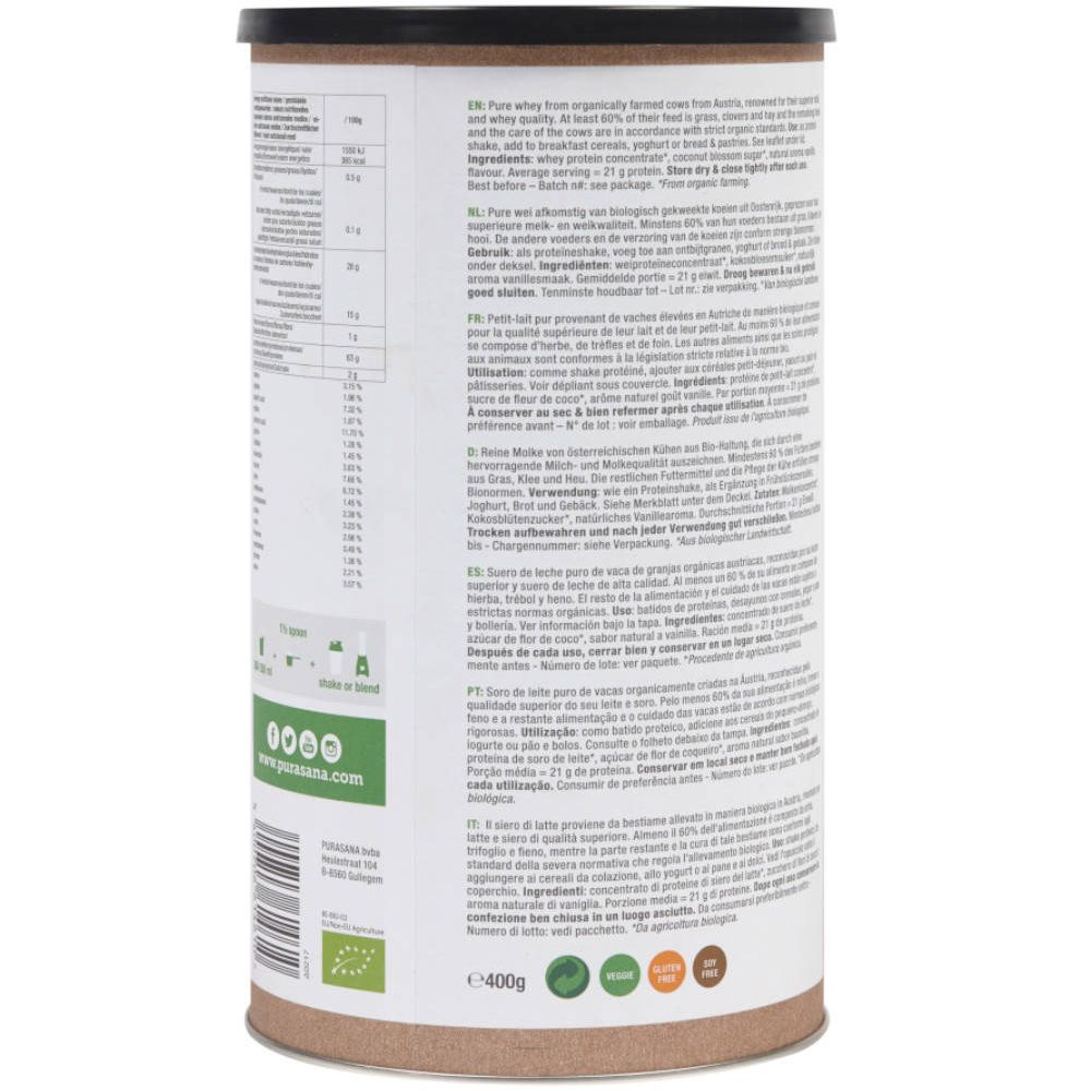Dos de la boîte Purasana® Wheyprotein Vanille Bio. Texte multilingue. Contient informations nutritionnelles, liste ingrédients et label bio.