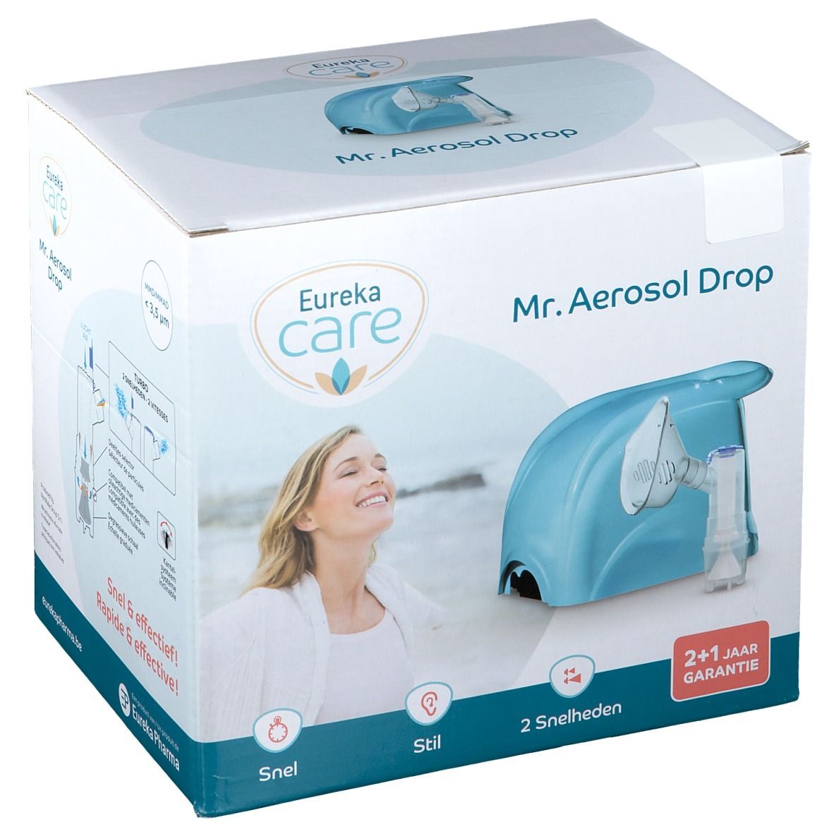 Boîte Eureka Care Mr. Aerosol Drop. Appareil bleu avec masque. Inscriptions : 'Snel & effectief!' et '2+1 jaar garantie'.