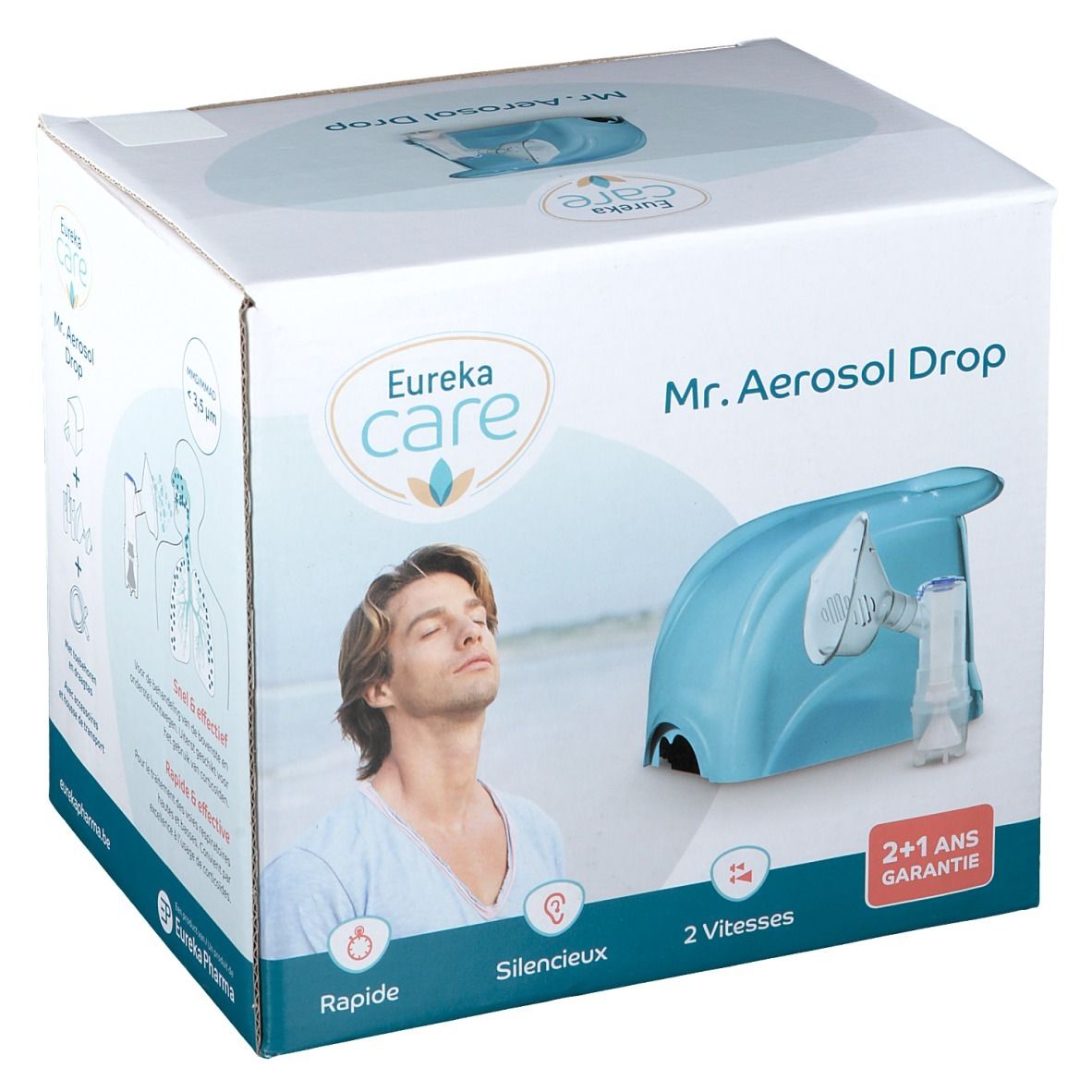Boîte Eureka Care Mr. Aerosol Drop. Appareil bleu, homme respirant. Inscriptions : 'Snel & effectief!', '2 snelheden' et '2+1 jaar garantie'.