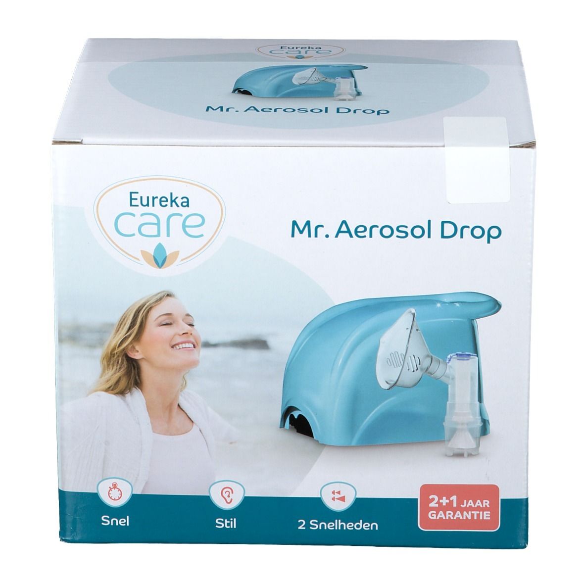 Boîte Eureka Care Mr. Aerosol Drop. Appareil bleu, femme souriante. Inscriptions : 'Snel', 'Stil', '2 snelheden' et '2+1 jaar garantie'.