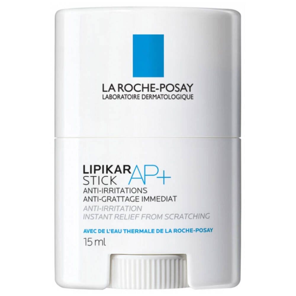 Witte stick met blauwe tekst. Bevat: LA ROCHE-POSAY, LIPIKAR STICK AP+ en 15 ml.
