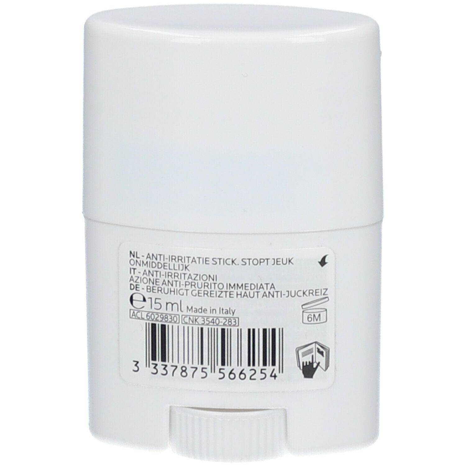 Achterkant van de witte stick. Bevat tekst en barcode. Gemaakt in Italië. 15 ml.
