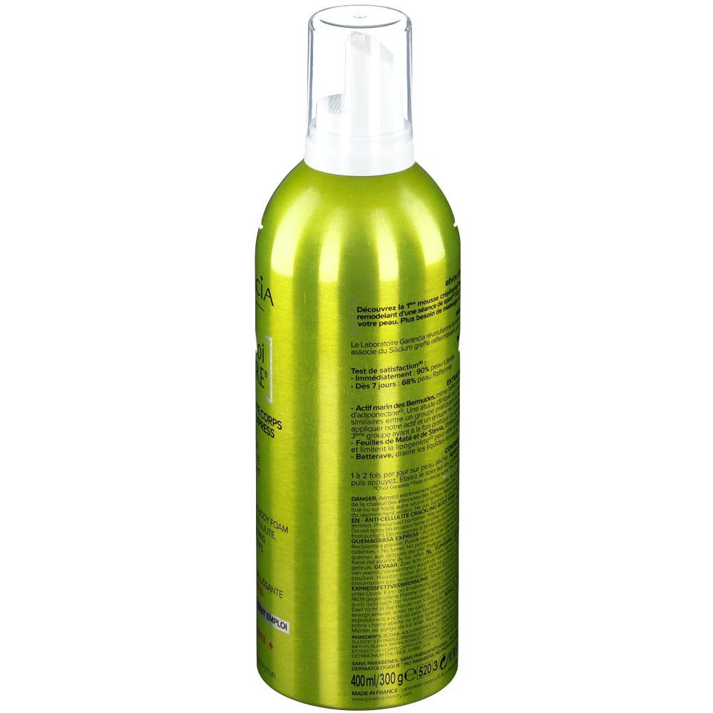 Rückseite der grünen Sprühflasche mit weißem Sprühkopf. Text in Französisch. Volumen: 200 ml/300 ml.