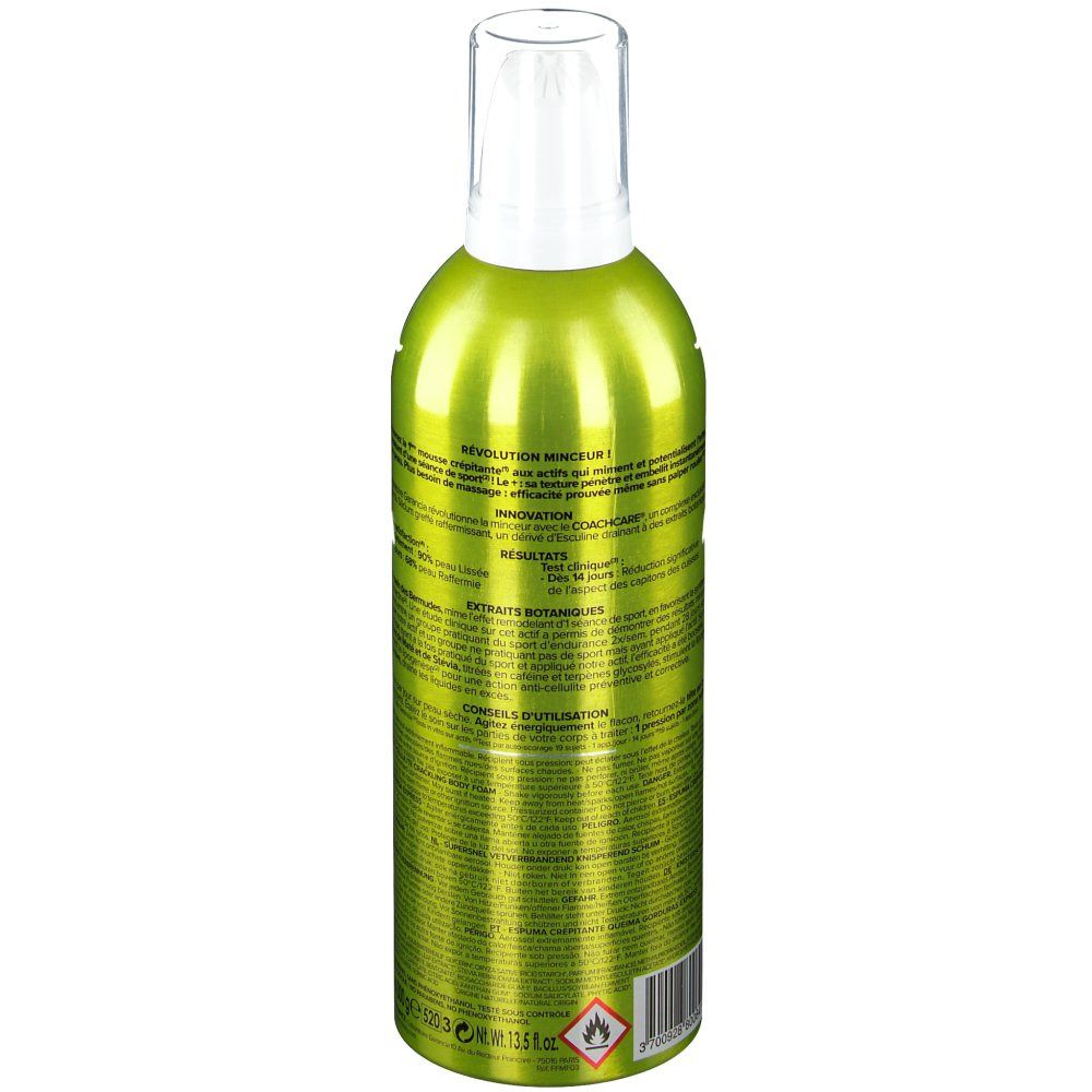Rückseite der grünen Sprühflasche mit weißem Sprühkopf. Text in Französisch. Warnhinweis: leicht entzündlich.