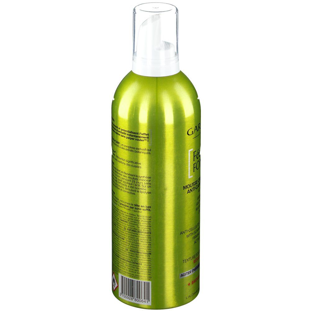 Grüne Sprühflasche mit weißem Sprühkopf. Text in Französisch. Barcode sichtbar.