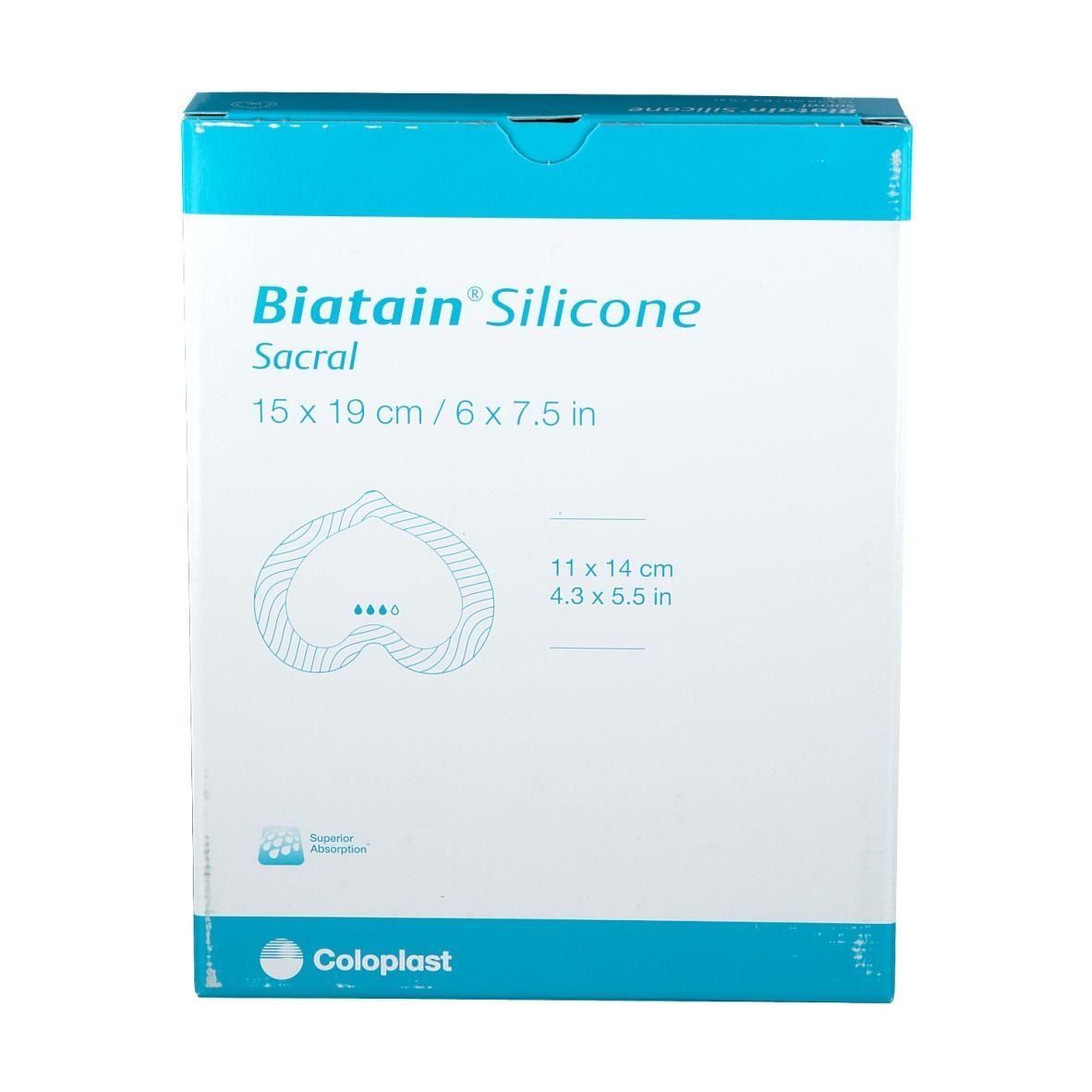 Vue de face de la boîte Biatain® Silicone Sacral, 15 x 19 cm. Emballage blanc et bleu avec logo.