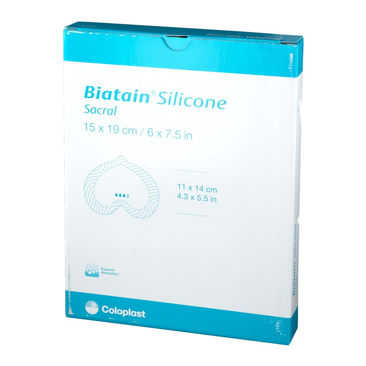 Vue de face de la boîte Biatain® Silicone Sacral, 15 x 19 cm. Emballage blanc et bleu avec logo.